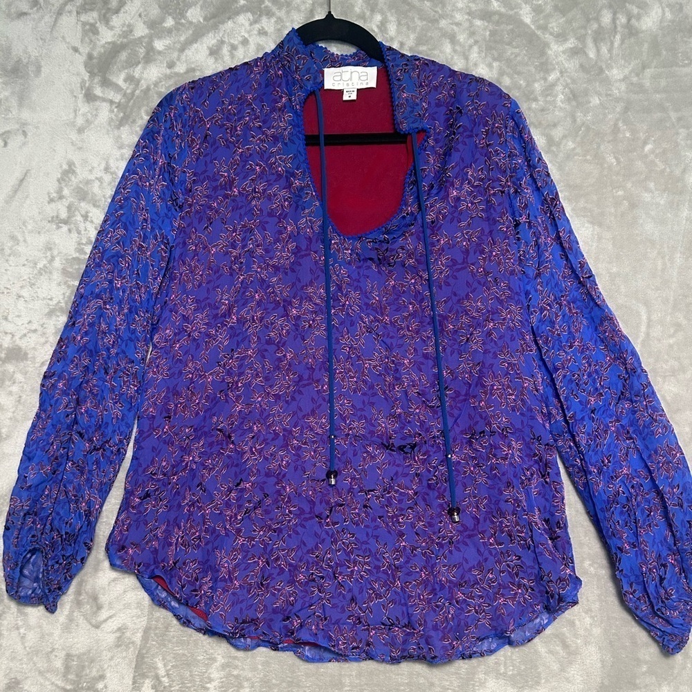 Y2K Atina Cristina Peasant Silk Blend Textured Blouse Top Women’s Medium Blue